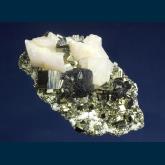 MMH-21 Sphalerite (twin) with Manganoan Calcite and Pyrite from Cerro de Pasco, Pasco province, Pasco department, Peru
