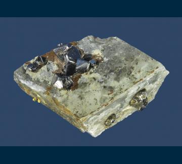 DRC-35 Carrollite on Calcite with Chalcopyrite from Kamoya II Mine, Shaba Cu belt, Katanga (Shaba) Province, Democratic Republic of Congo