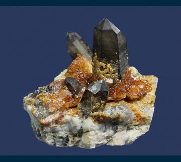Q206 Spessartine garnet on Quartz (Smoky) with Orthoclase from Wushan Spessartine Mine, Tongbei, Yunxiao Co., Zhangzhou Prefecture, Fujian Province, China Q206 Spessartine garnet on Quartz (Smoky) with Orthoclase from Wushan Spessartine Mine, Tongbei, Yunxiao Co., Zhangzhou Prefecture, Fujian Province, China