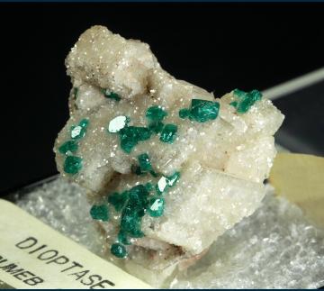 T-105 Dioptase and Smithsonite on Calcite from Tsumeb, Otjikoto Region (Oshikoto), Namibia
