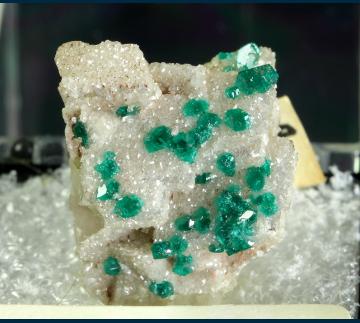 T-105 Dioptase and Smithsonite on Calcite from Tsumeb, Otjikoto Region (Oshikoto), Namibia