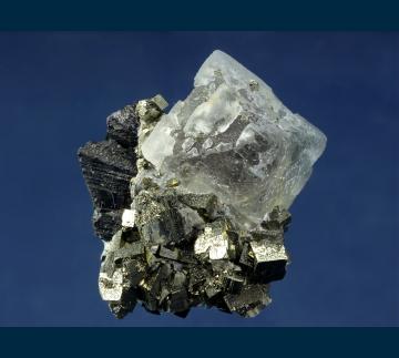 MMH-12 Fluorite and Pyrite on Wolframite from Kara-Oba W deposit, Betpakdala Desert, Karagandy Province, Kazakhstan