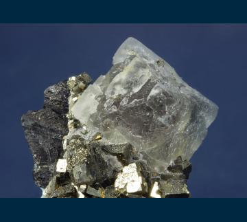 MMH-12 Fluorite and Pyrite on Wolframite from Kara-Oba W deposit, Betpakdala Desert, Karagandy Province, Kazakhstan