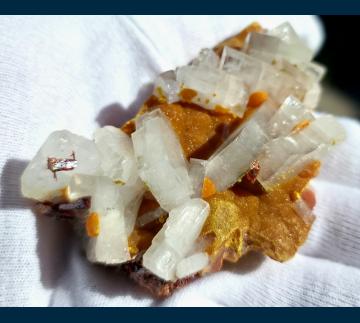 RG1104 Barite with Realgar on Oripiment from Quiruvilca Mine, Quiruvilca District, Santiago de Chuco, Departamento de la Libertad, Peru RG1104 Barite with Realgar on Oripiment from Quiruvilca Mine, Quiruvilca District, Santiago de Chuco, Departamento de la Libertad, Peru