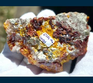 RG1104 Barite with Realgar on Oripiment from Quiruvilca Mine, Quiruvilca District, Santiago de Chuco, Departamento de la Libertad, Peru RG1104 Barite with Realgar on Oripiment from Quiruvilca Mine, Quiruvilca District, Santiago de Chuco, Departamento de la Libertad, Peru