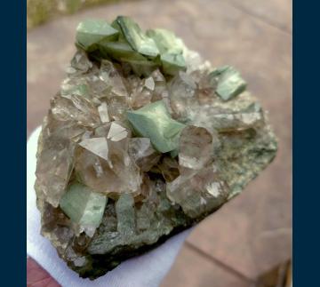 ELC3239 Orthoclase ( var. Adularia ) on Smoky Quartz with Gwindel Quartz from Rhone-Gletscher, Ober-Wallis, Switzerland ELC3239 Orthoclase ( var. Adularia ) on Smoky Quartz with Gwindel Quartz from Rhone-Gletscher, Ober-Wallis, Switzerland