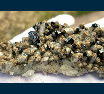 JC357 Ilvaite with Calcite on Quartz from Dal'negorsk, Primorskiy Kray, Russia