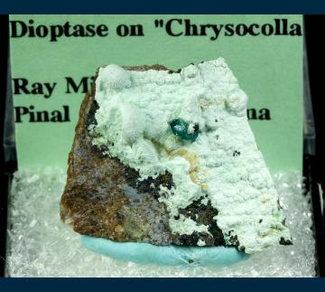 TN228 Dioptase on Chrysocolla from Ray Mine, Ray District, near Kearney, Dripping Springs Mts., Pinal County, Arizona, USA